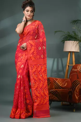 red resham dhakai jamdani saree, soft silk pure handloom cotton saree