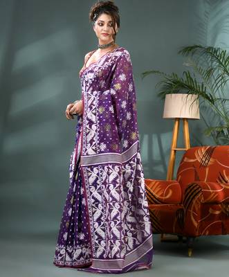 purple resham dhakai jamdani saree, soft silk pure handloom cotton saree 3