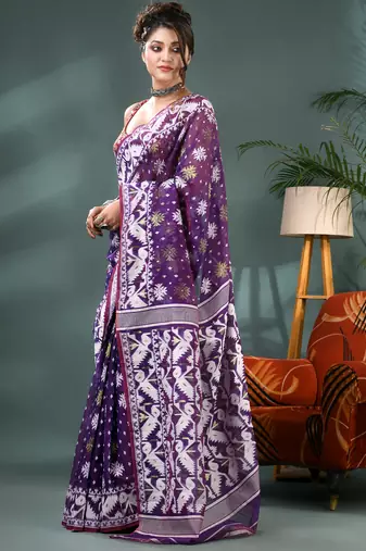 purple resham dhakai jamdani saree, soft silk pure handloom cotton saree