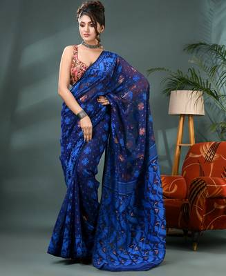 blue resham dhakai jamdani saree, soft silk pure handloom cotton saree 1