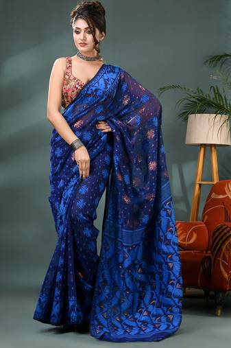 blue resham dhakai jamdani saree, soft silk pure handloom cotton saree