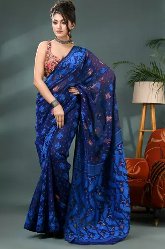 blue resham dhakai jamdani saree, soft silk pure handloom cotton saree