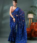 blue resham dhakai jamdani saree, soft silk pure handloom cotton saree