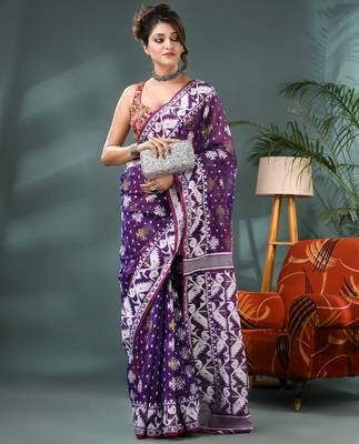 purple resham dhakai jamdani saree, soft silk pure handloom cotton saree 4