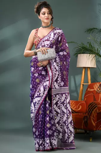 purple resham dhakai jamdani saree, soft silk pure handloom cotton saree