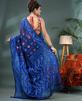 blue resham dhakai jamdani saree, soft silk pure handloom cotton saree 2
