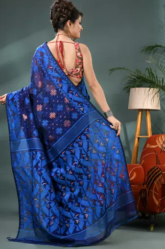 blue resham dhakai jamdani saree, soft silk pure handloom cotton saree