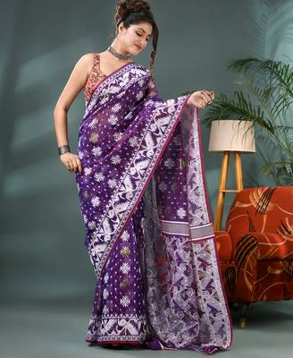 purple resham dhakai jamdani saree, soft silk pure handloom cotton saree 5