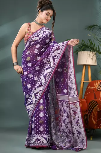 purple resham dhakai jamdani saree, soft silk pure handloom cotton saree
