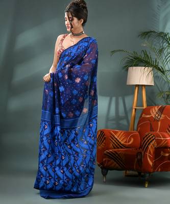 blue resham dhakai jamdani saree, soft silk pure handloom cotton saree 3