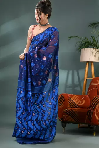 blue resham dhakai jamdani saree, soft silk pure handloom cotton saree