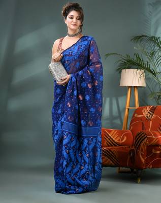 blue resham dhakai jamdani saree, soft silk pure handloom cotton saree 4