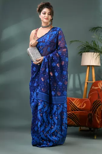 blue resham dhakai jamdani saree, soft silk pure handloom cotton saree
