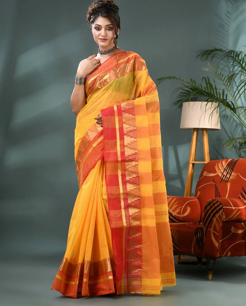 red cotton handloom sarees with zari temple design tant saree