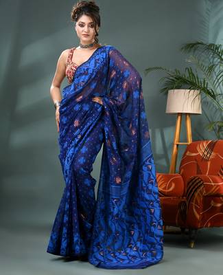 blue resham dhakai jamdani saree, soft silk pure handloom cotton saree 5