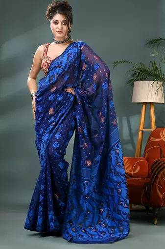 blue resham dhakai jamdani saree, soft silk pure handloom cotton saree