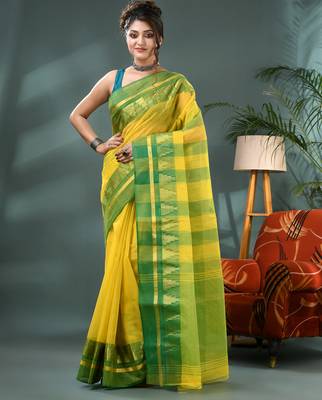 yellow cotton handloom sarees with zari temple design tant saree 1