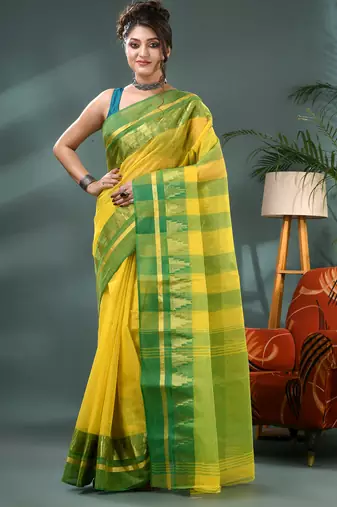 yellow cotton handloom sarees with zari temple design tant saree