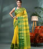 yellow cotton handloom sarees with zari temple design tant saree