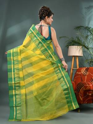 yellow cotton handloom sarees with zari temple design tant saree 2