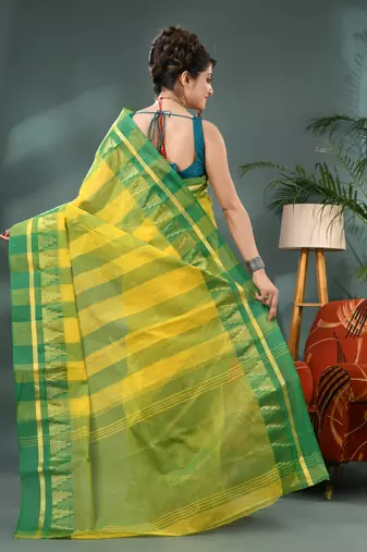 yellow cotton handloom sarees with zari temple design tant saree