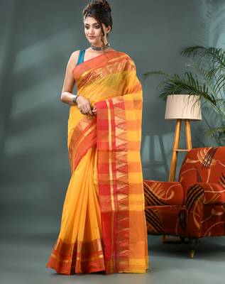 red cotton handloom sarees with zari temple design tant saree 5