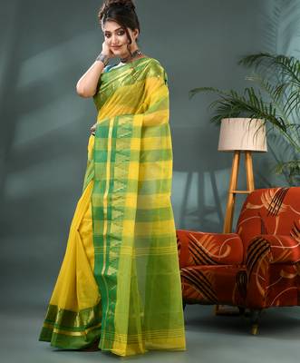 yellow cotton handloom sarees with zari temple design tant saree 3
