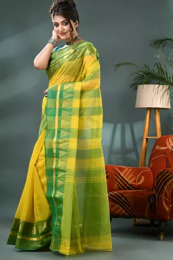 yellow cotton handloom sarees with zari temple design tant saree