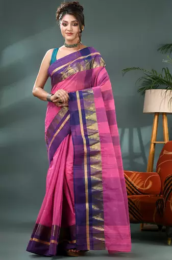 pink cotton handloom sarees with zari temple design tant saree