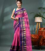 pink cotton handloom sarees with zari temple design tant saree