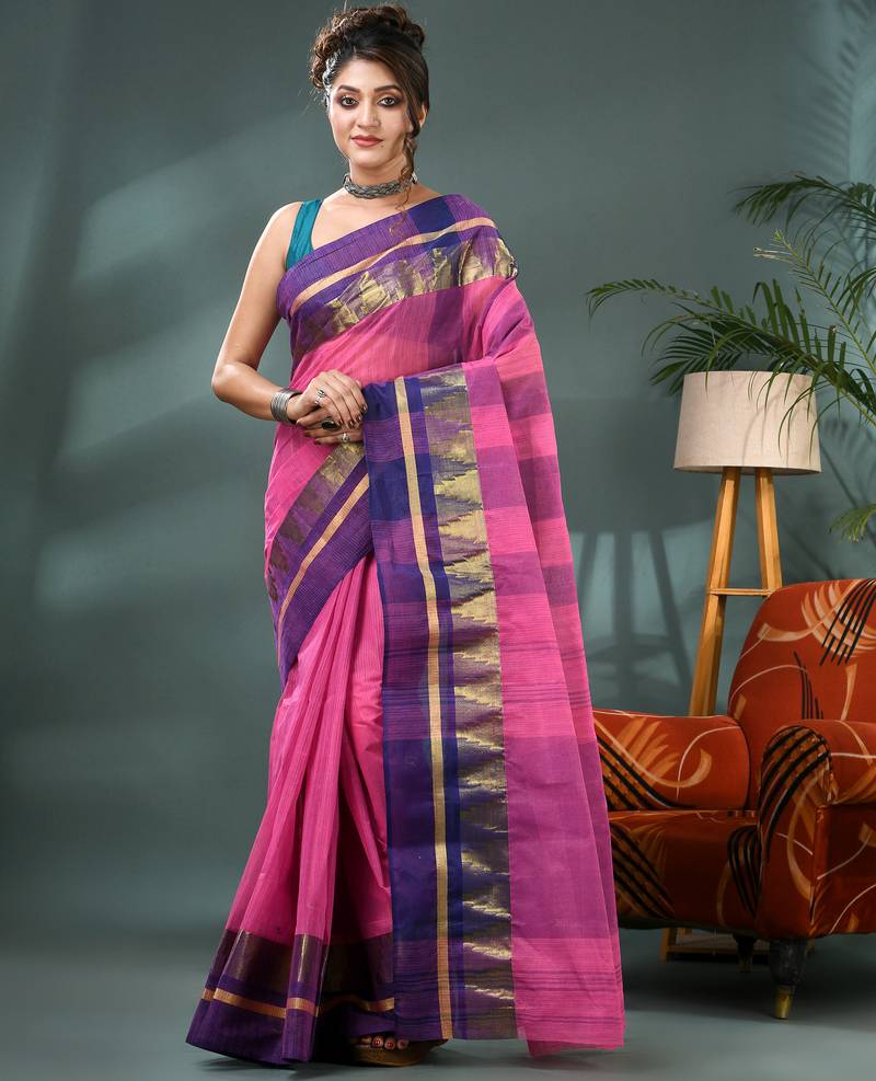 pink cotton handloom sarees with zari temple design tant saree