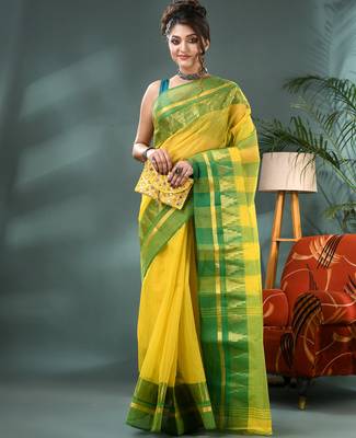 yellow cotton handloom sarees with zari temple design tant saree 4