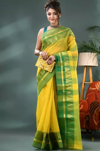 yellow cotton handloom sarees with zari temple design tant saree