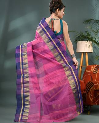 pink cotton handloom sarees with zari temple design tant saree 2