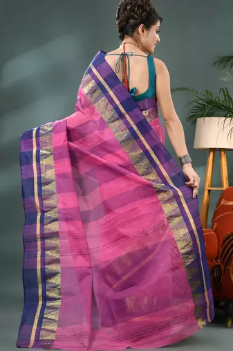 pink cotton handloom sarees with zari temple design tant saree