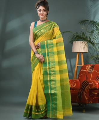 yellow cotton handloom sarees with zari temple design tant saree 5
