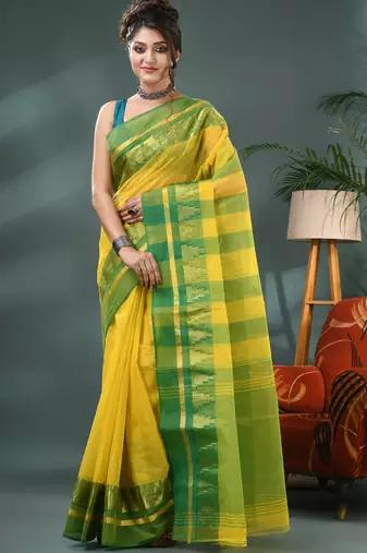 yellow cotton handloom sarees with zari temple design tant saree