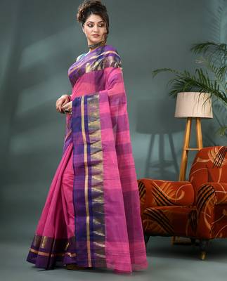 pink cotton handloom sarees with zari temple design tant saree 3