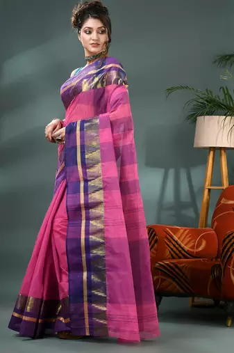 pink cotton handloom sarees with zari temple design tant saree