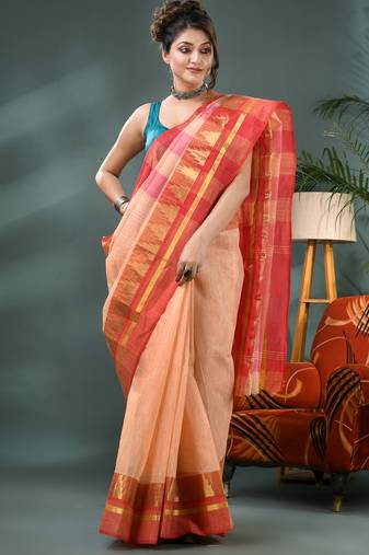 red cotton handloom sarees with zari temple design tant saree