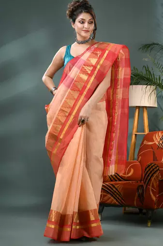 red cotton handloom sarees with zari temple design tant saree