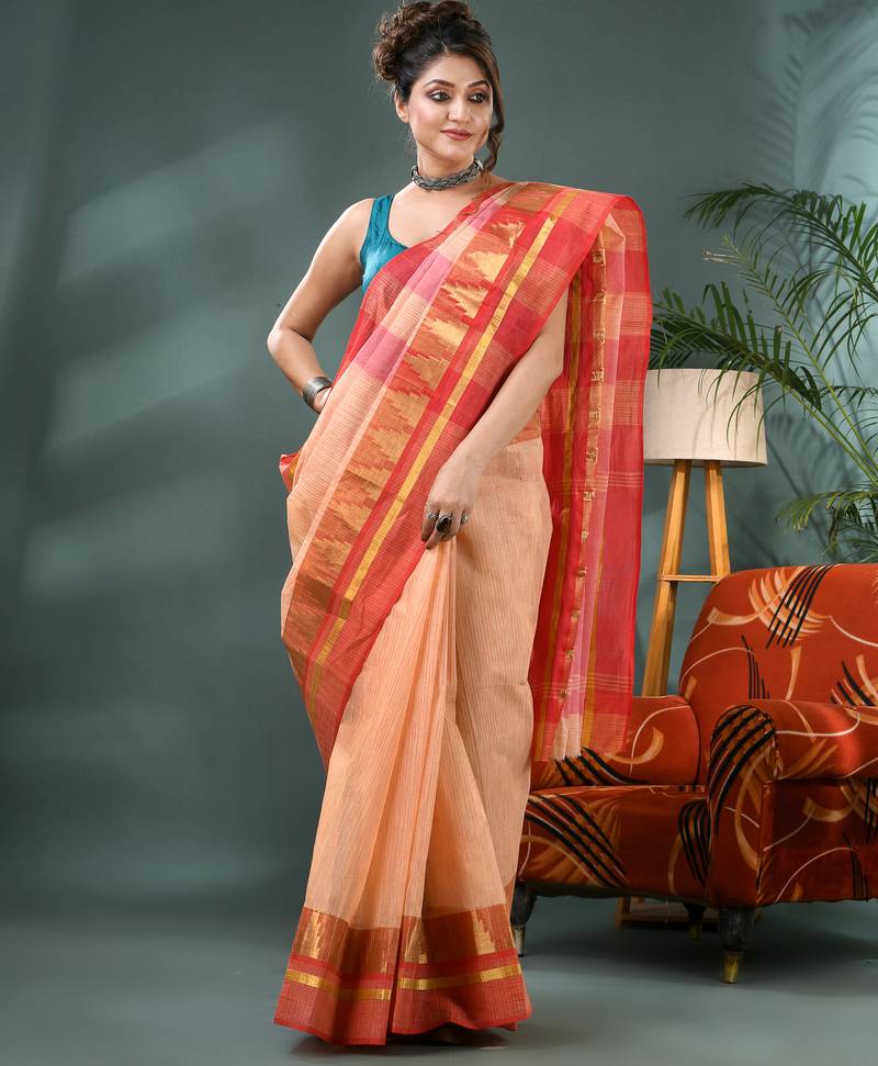 red cotton handloom sarees with zari temple design tant saree