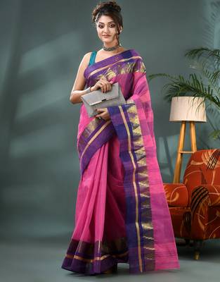 pink cotton handloom sarees with zari temple design tant saree 4