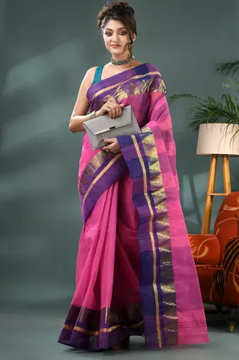 pink cotton handloom sarees with zari temple design tant saree