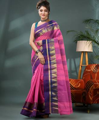 pink cotton handloom sarees with zari temple design tant saree 5