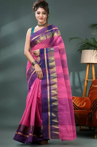 pink cotton handloom sarees with zari temple design tant saree