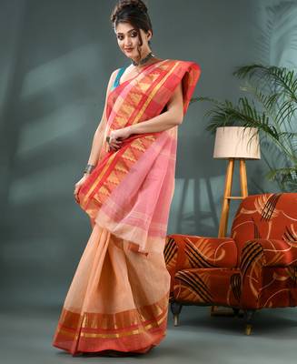 red cotton handloom sarees with zari temple design tant saree 3
