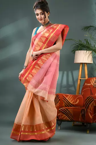 red cotton handloom sarees with zari temple design tant saree