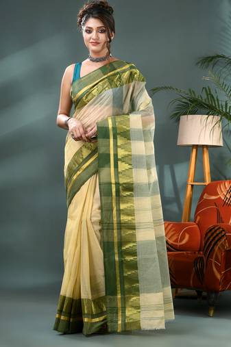 off white cotton handloom sarees with zari temple design tant saree