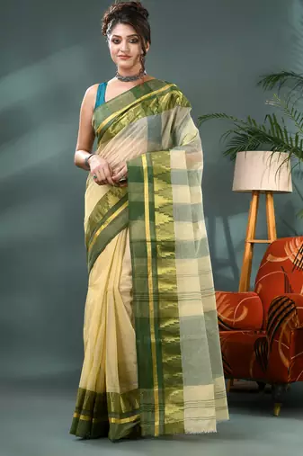 off white cotton handloom sarees with zari temple design tant saree
